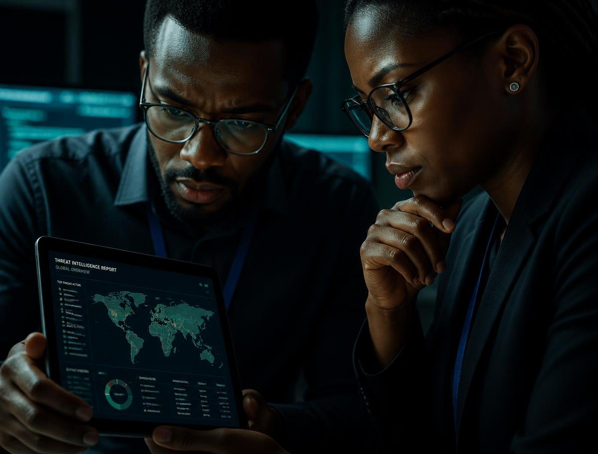 Analysts reviewing a threat intelligence report